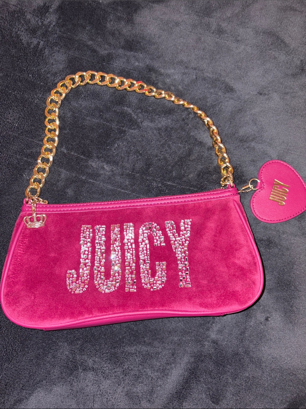 Juicy Couture Velour Crystal Logo Shoulder Bag with Gold Chain